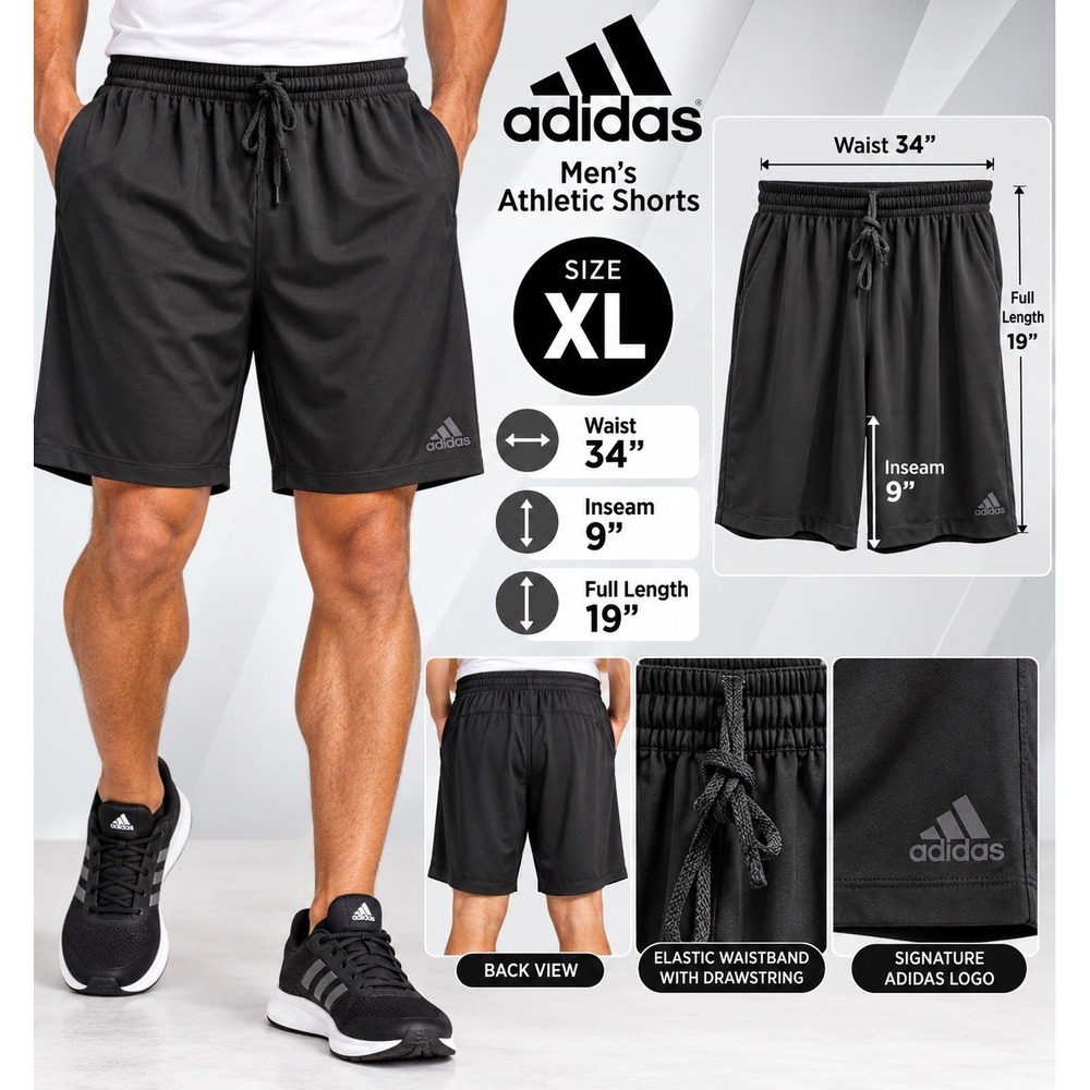 Adidas Men's XL Black Athletic Shorts Drawstring Waist 34" Inseam 9" Gym Run